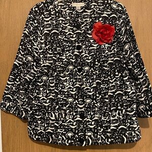Black and White Patterned Jacket with Red Flower